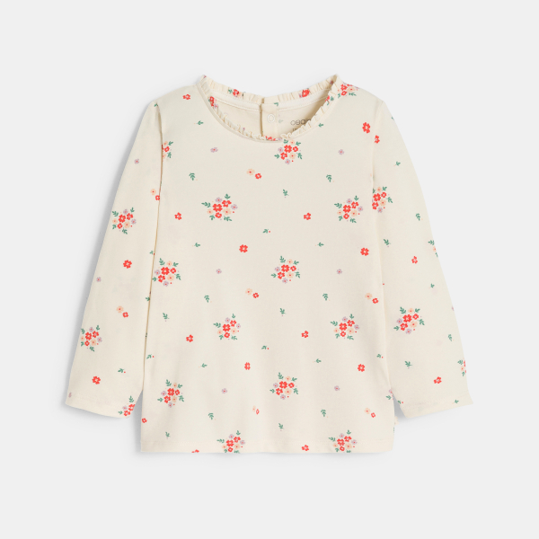 تيشيرت قطن واسع مضلع بطبعة الزهور باللون الأبيض للفتيات الصغيرات